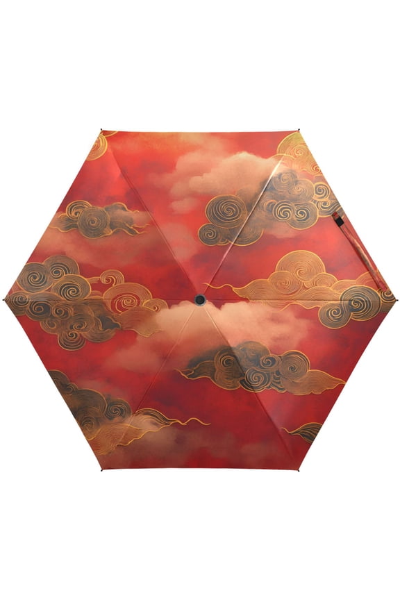 Cloud Pattern Chinese Traditional Umbrellas for Sun Auto Open Close UV50+ Waterproof 5-Fold Compact Fiberglass Frame