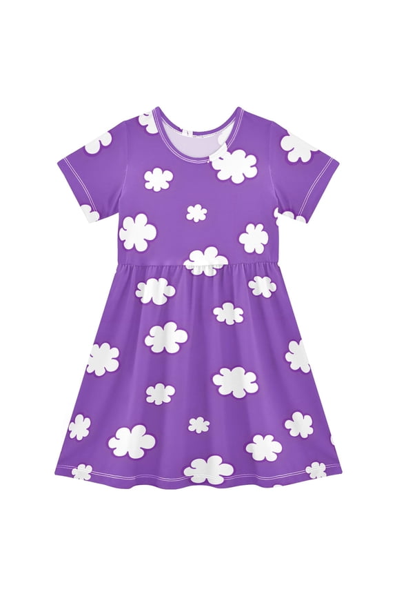 Cloud Pattern Girls Short Sleeve Dress A Line Sun Protection Breathable Comfort Sundress 3T