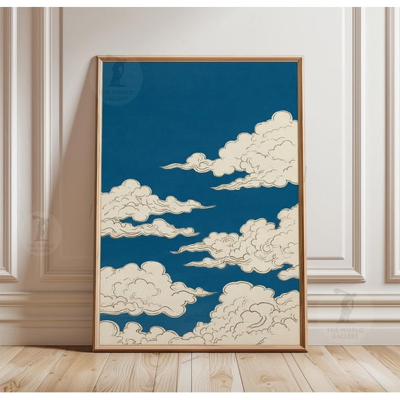 Cloud Poster Blue Sky Wall Art Minimal Line Illustration Modern Art, Unframed Poster