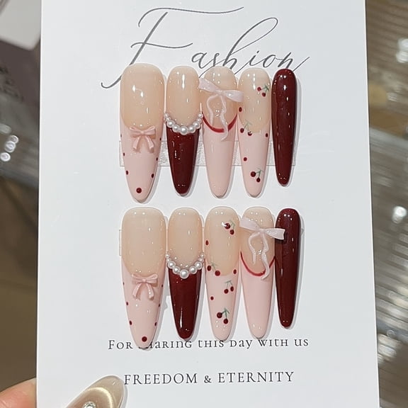 [Cloud Powder Method] Sweet Girl Wind Powder French Hand-painted Cherry Bow Sticker Diamond Wear Armor