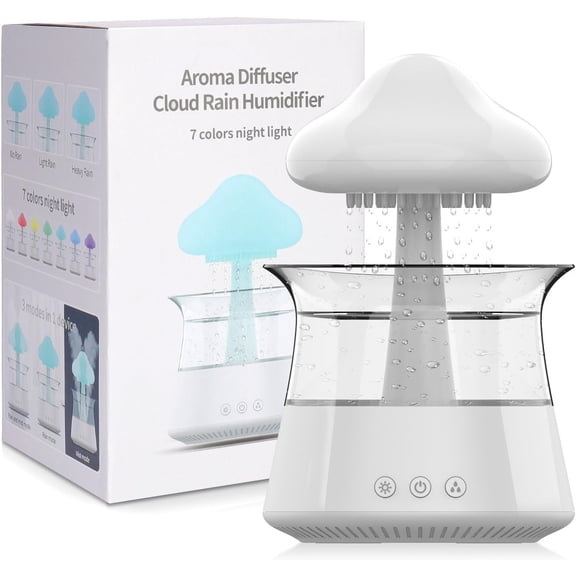 Cloud Rain Humidifier with Soothing Rain Sounds Sleep Aid Waterfall Night Light Mushroom Design Air Moisturizer Room Decor Aesthetic White Regular