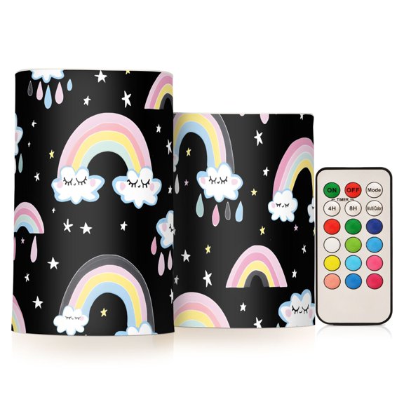 Cloud Rainbow Flickering Flameless Candles Battery Operated with Remote Timer LED Pillar Candles Set of 2