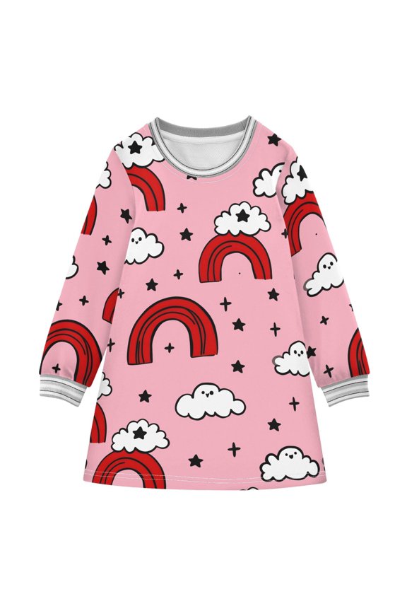 Cloud Rainbow Pattern Girls'long-sleeved dress Thickened A-dress Warm Dress Basic Shirt Party Dresses