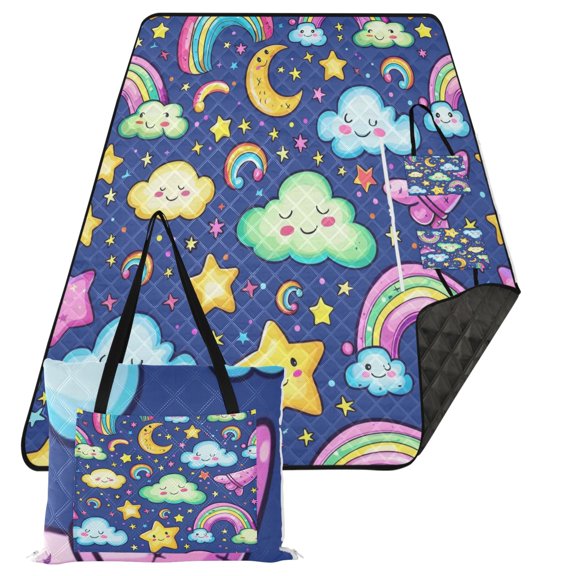 Cloud Rainbow Star Moon Extra Large Picnic Beach Blanket Waterproof Sand Proof Portable Outdoor Mat 80x118