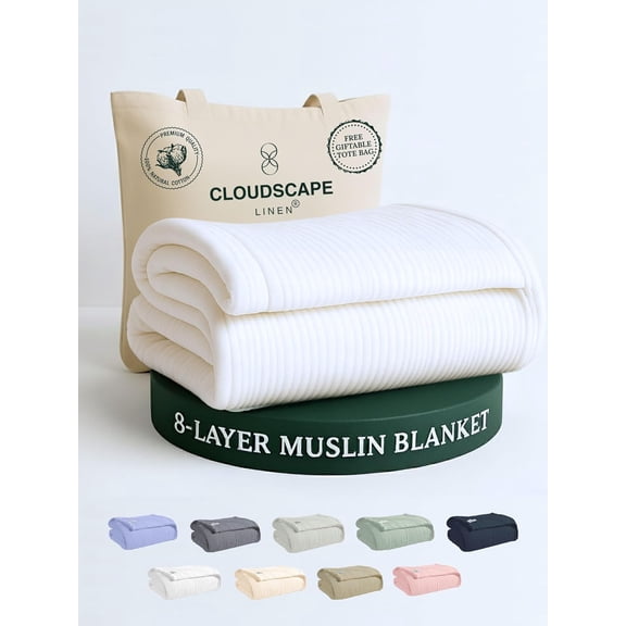 Cloud Scape Linen 8-Layer Muslin Blanket Queen Size - 100% Cotton, Soft and Breathable, Oversized Winter Blanket, Fits up to Full Size Bed, 92x92, White