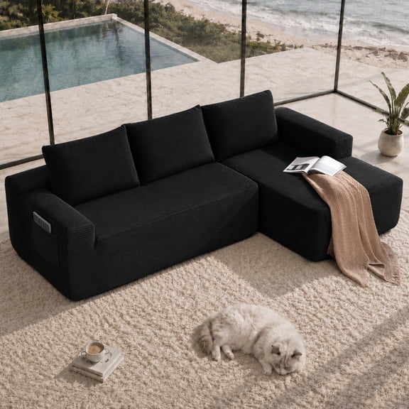 Cloud Sectional Couch, 105" L-Shape Chaise Sofa with Deep Seat & Side Pockets, No Assembly for Living Room, Black.