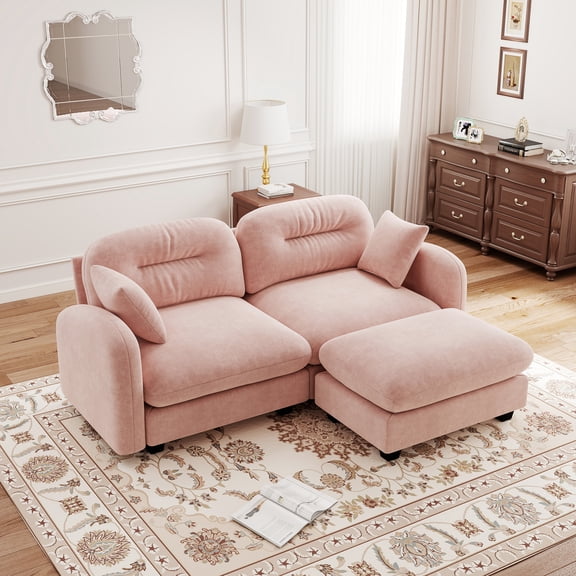 Cloud Sectional L-Shaped Chenille Couch With Ottoman,Tufted Cushion Backrest Design High-Density Foam,Pink