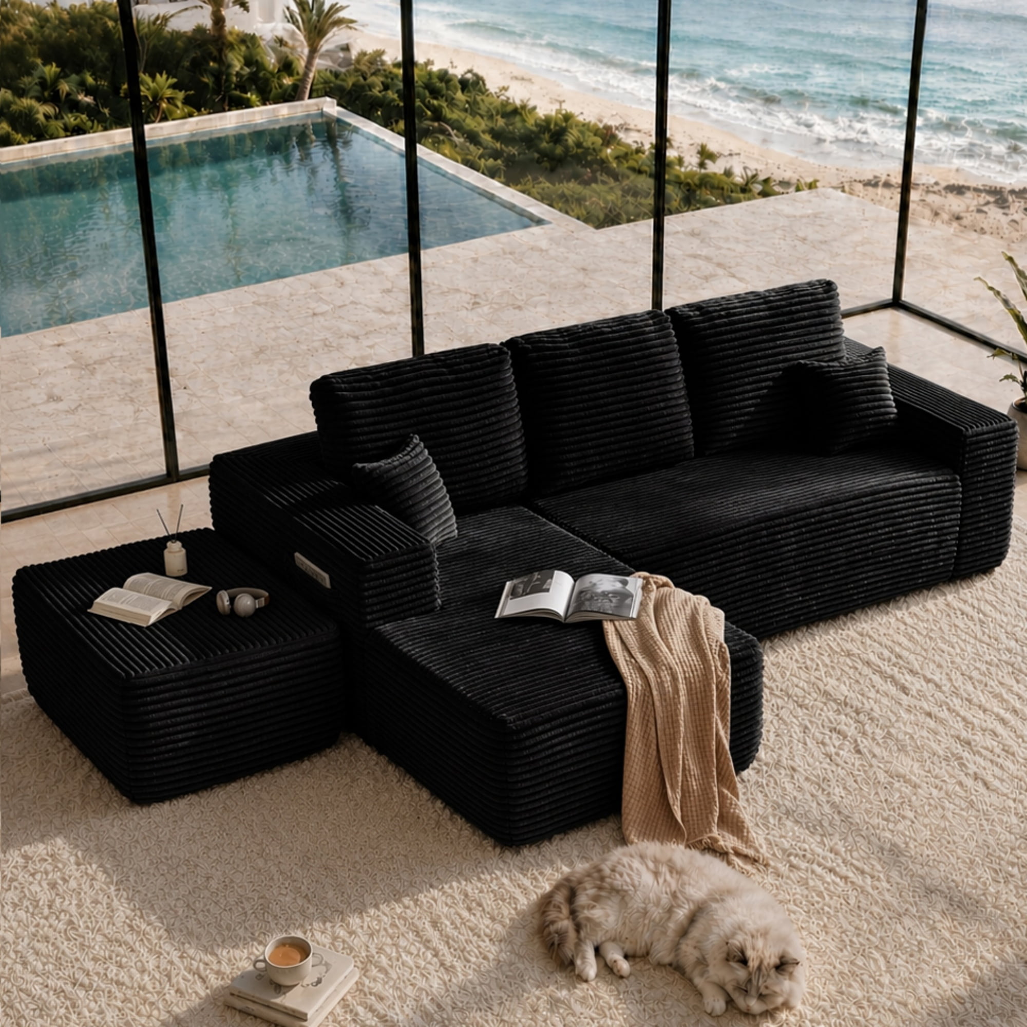 Cloud Sectional Sofa 104 Inch, U-Shape Modular Couch with Side Pockets and Deep Seating, Upholstered Living Room Sofa, No Assembly Required, Black, Left Chaise