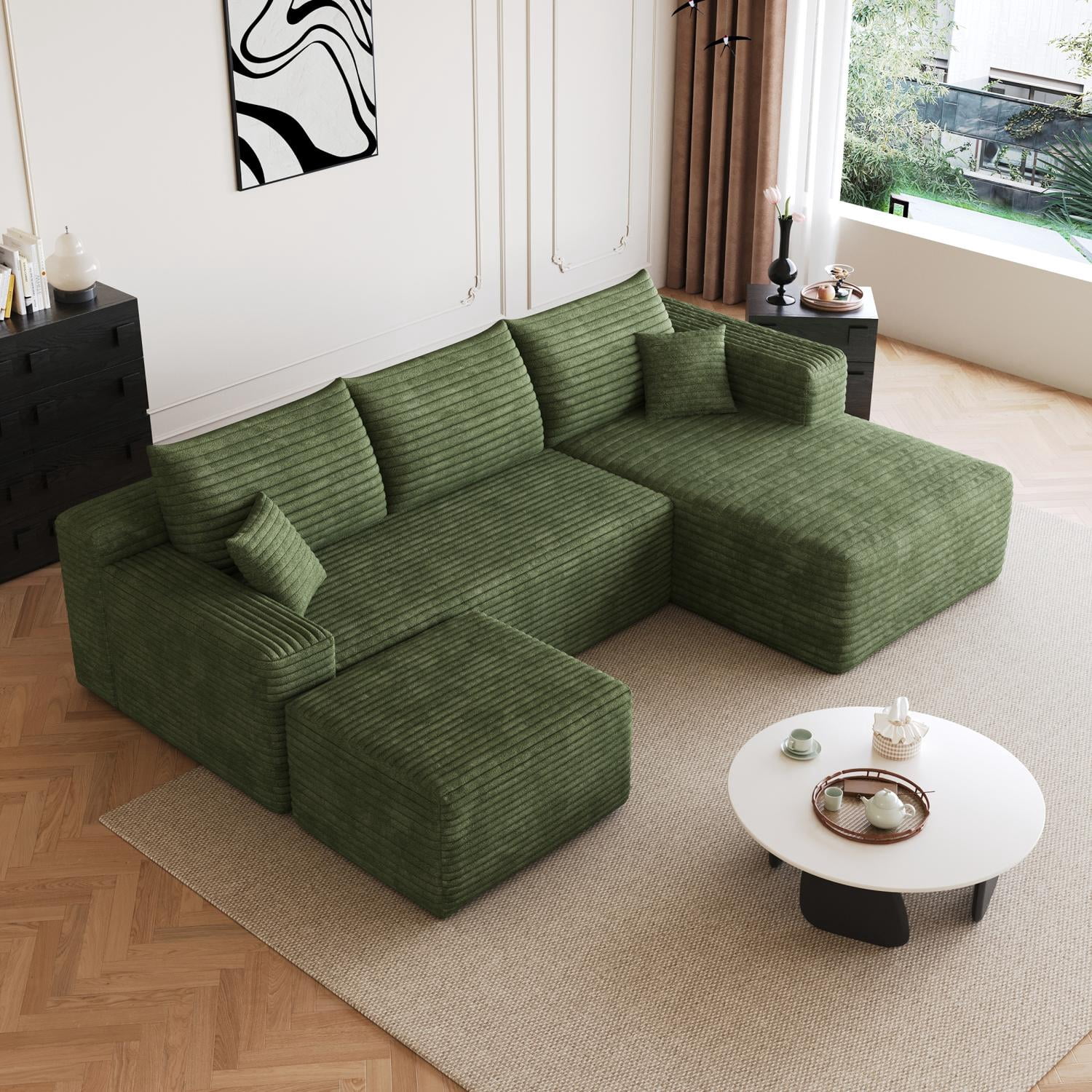 Cloud Sectional Sofa 95-Inch with Ottoman and U-Shaped Modular Design, Corner Couch and Deep Seat Living Room Set, No Assembly Required, Green
