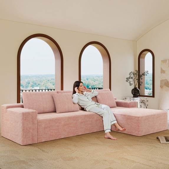 Cloud Sectional Sofa with L-Shape Chaise, Modern Modular Couch with Deep Seating, Plush Corduroy Fabric Upholstered Living Room Bedroom Furniture, No Assembly Required, Pink