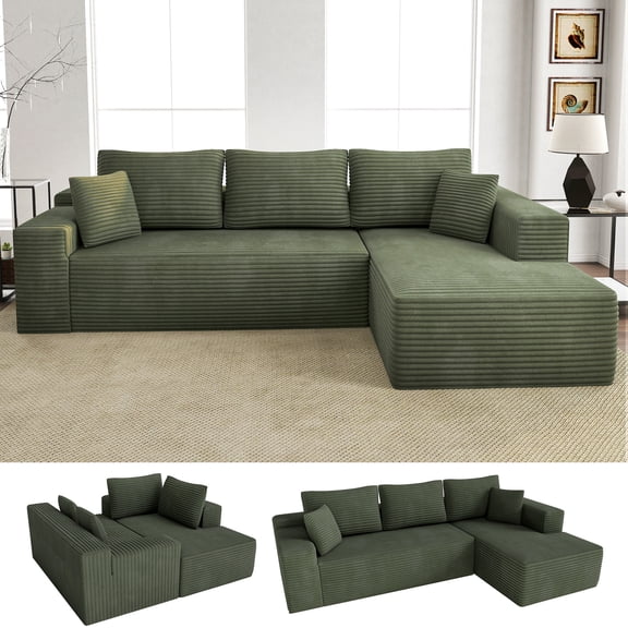 Cloud Sectional Sofa with Right L-Shaped Chaise 104", 3-Seater Modular Couch, Plush Corduroy Fabric Deep Seat, No Assembly for Living Room Olive Green