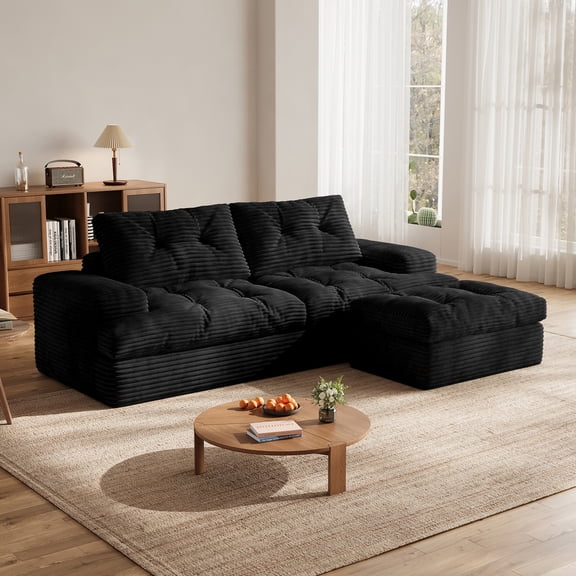 85" Modular Sectional Sofa for Living Room, L-Shaped Corduroy Cloud Couch with Ottoman, Two-Layer Cushion, No Assembly, Black