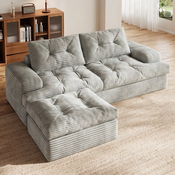 85" Modular Sectional Sofa for Living Room, L-Shaped Corduroy Cloud Couch with Ottoman, Two-Layer Cushion, No Assembly Boneless Sofa, Gray
