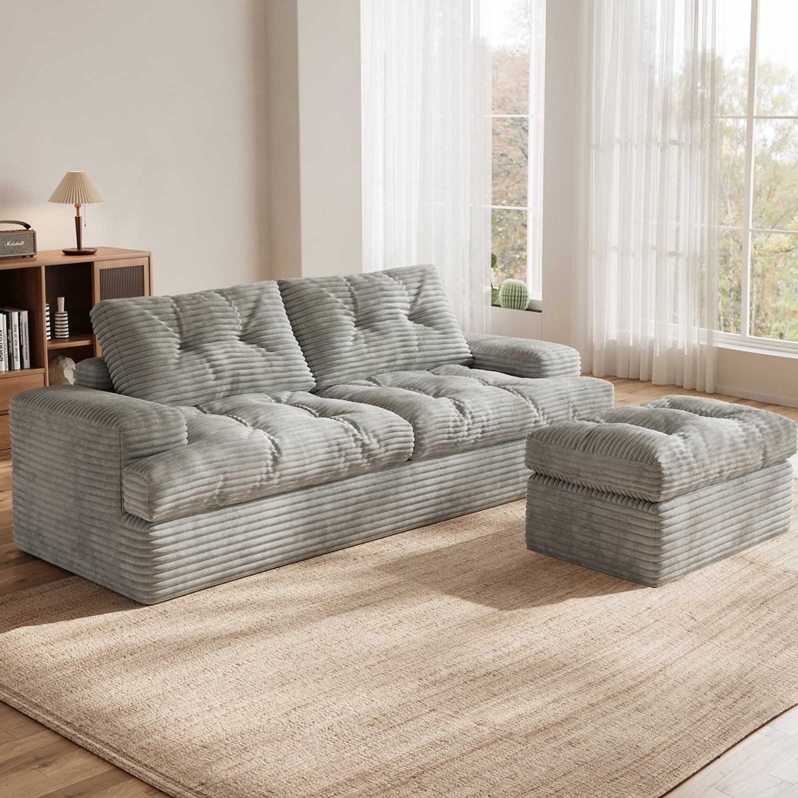 85" Modular Sectional Sofa for Living Room, L-Shaped Corduroy Cloud Couch with Ottoman, Two-Layer Cushion, No Assembly Boneless Sofa, Gray