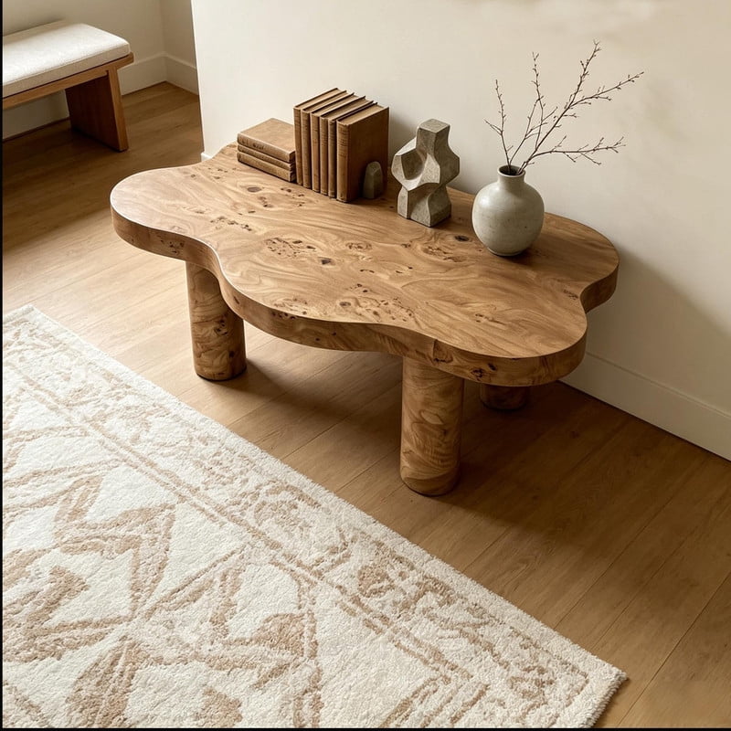 Cloud Shape Coffee Table with Four Round Legs, Burl Wood Tea Table for ...
