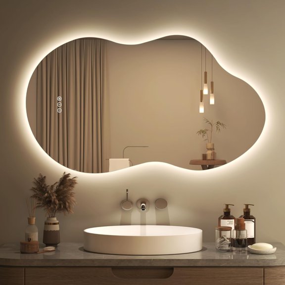 Cloud-Shaped Backlit LED Bathroom Vanity Mirror with 3-Color Dimmable Lighting and Anti-Fog Function 40"L x 24"W Tempered Glass