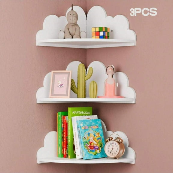 Cloud-Shaped Corner Floating Shelves 3-Piece Set White/Pink Dual Colors Kids Room Nursery Wall Decor Wall-Mounted Storage Display Racks for Toys & Plants