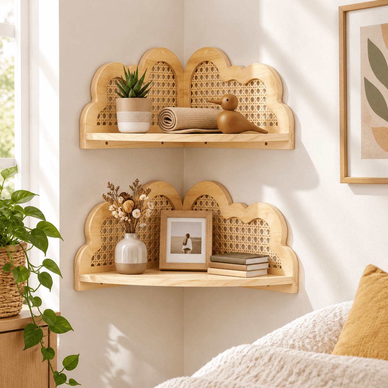 Cloud Shaped Corner Floating Shelves, Wood Color 2, Rattan and Pine ...