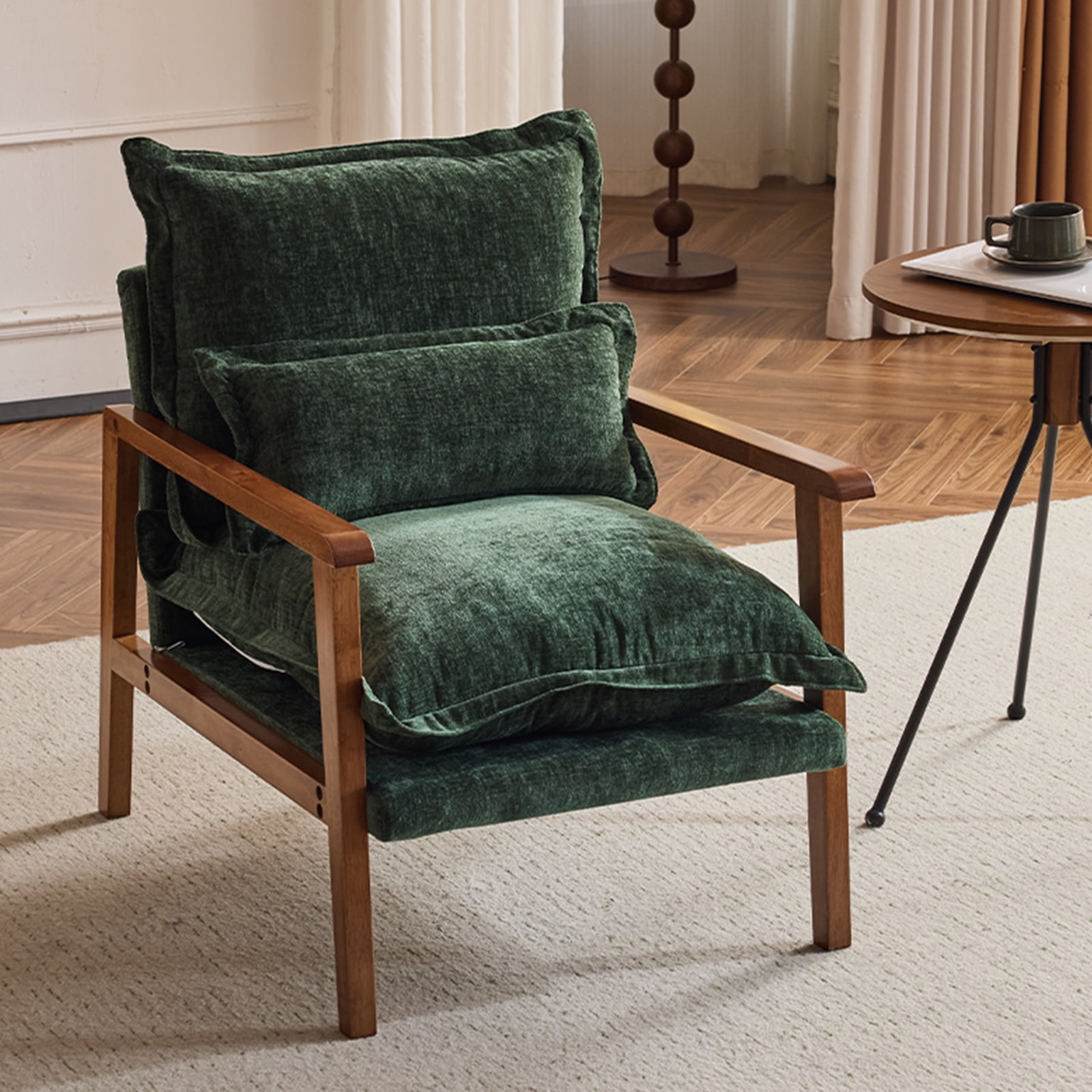 Cloud Shaped Dark Green Chenille Accent Chair, Solid Wood Frame with Walnut Armrest, Ergonomic Single Leisure Sofa Chair with Lumbar Pillow for Bedroom Living Room Office