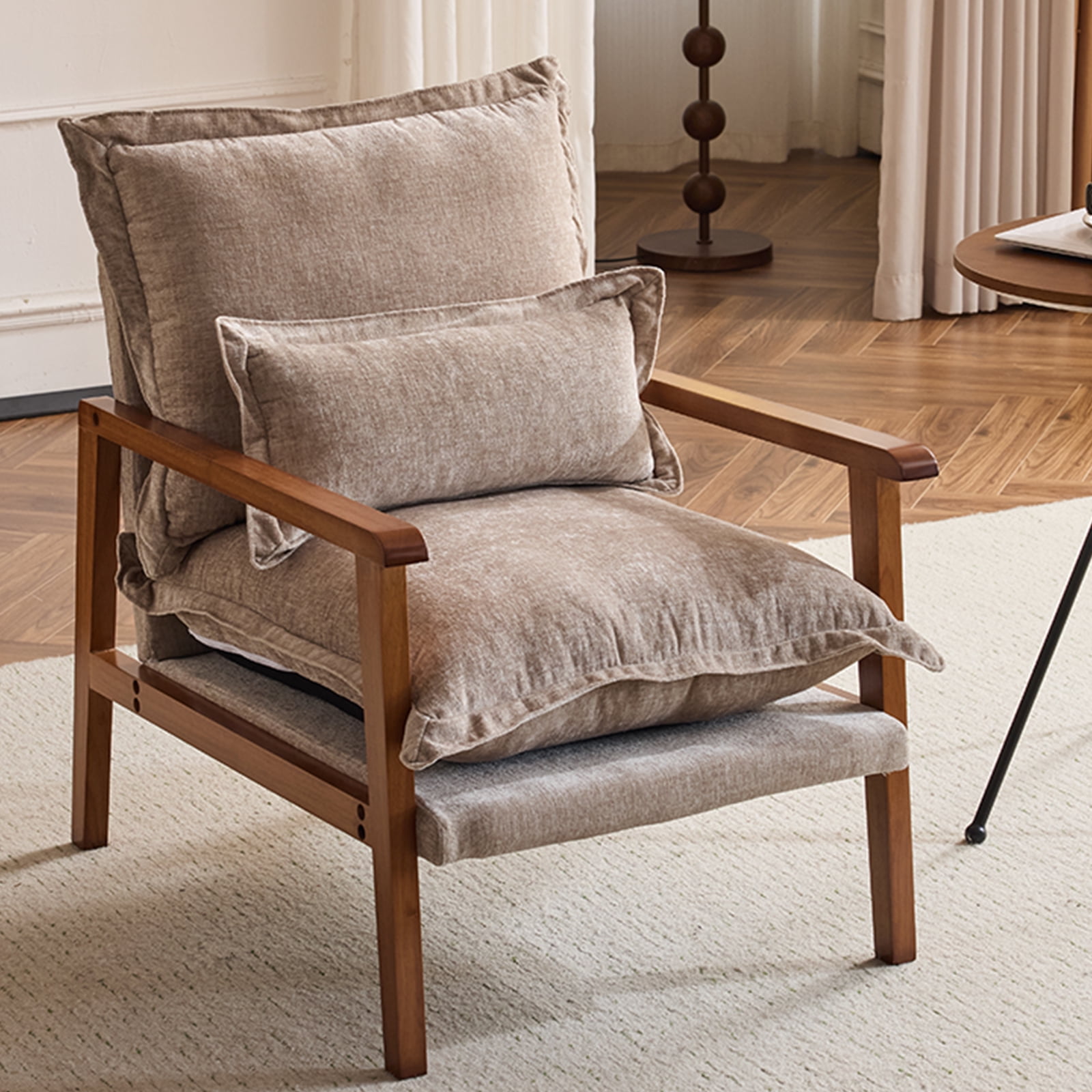 Cloud Shaped Indoor Leisure Chair with Solid Wood Armrest, Chenille Fabric Accent Chair with Lumbar Pillow, Khaki