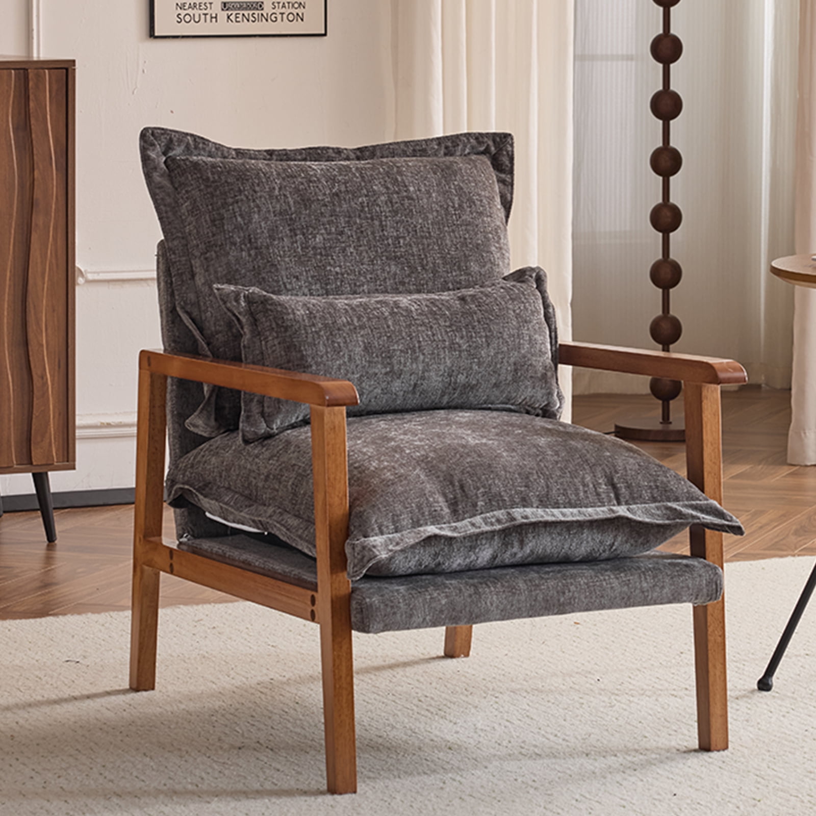 Cloud Shaped Indoor Leisure Chair with Solid Wood Armrest & Frame, Chenille Fabric Accent Chair with Lumbar Pillow, Dark Grey