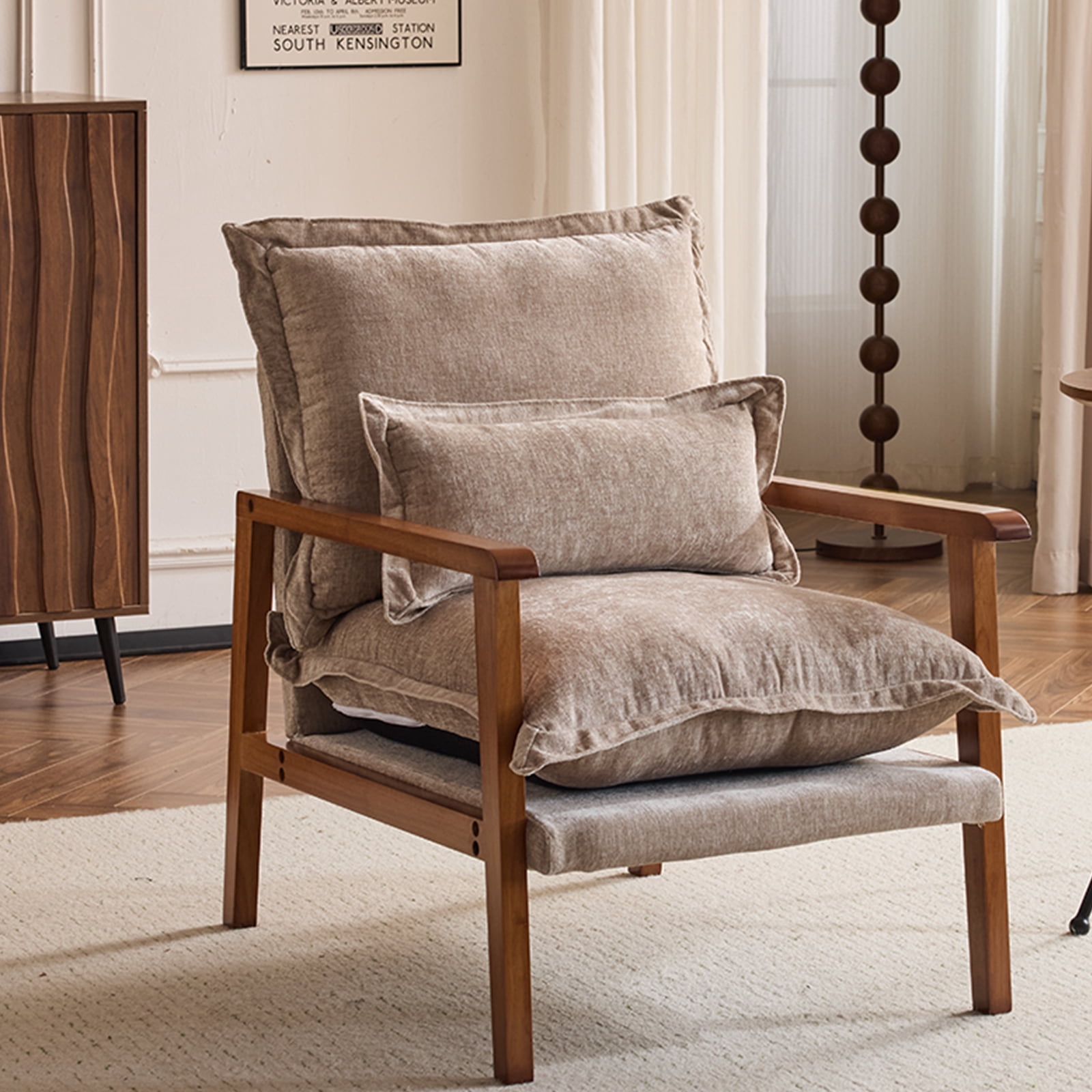 Cloud Shaped Khaki Chenille Accent Chair, Solid Wood Frame with Light Walnut Armrest, Ergonomic Single Leisure Sofa Chair with Lumbar Pillow for Bedroom Living Room Office