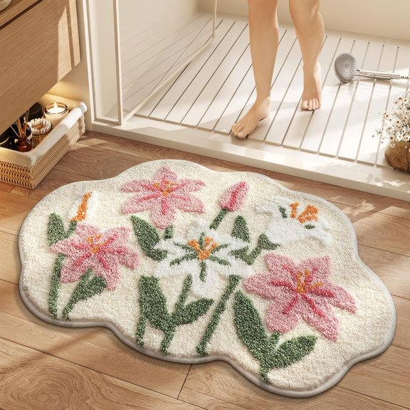 Cloud-Shaped Lily Bath Mat, Soft Non-Slip Fluffy Fresh Flowers Bathroom Rug, Ultra Absorbent Microfiber Shaggy Door Mat, Machine Washable Bath Rug Carpet for Bathtub Bedroom 20x31 Inch