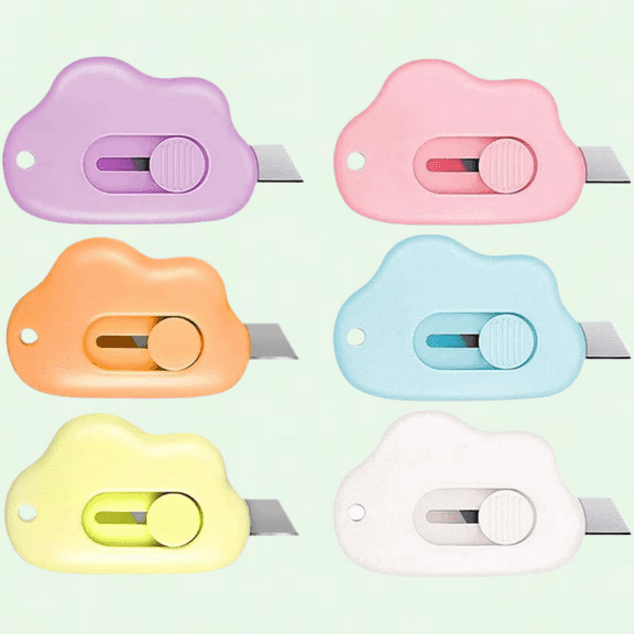 Cloud Shaped Mini Utility Knives - Set of 6, Retractable Blade, Office School Supplies