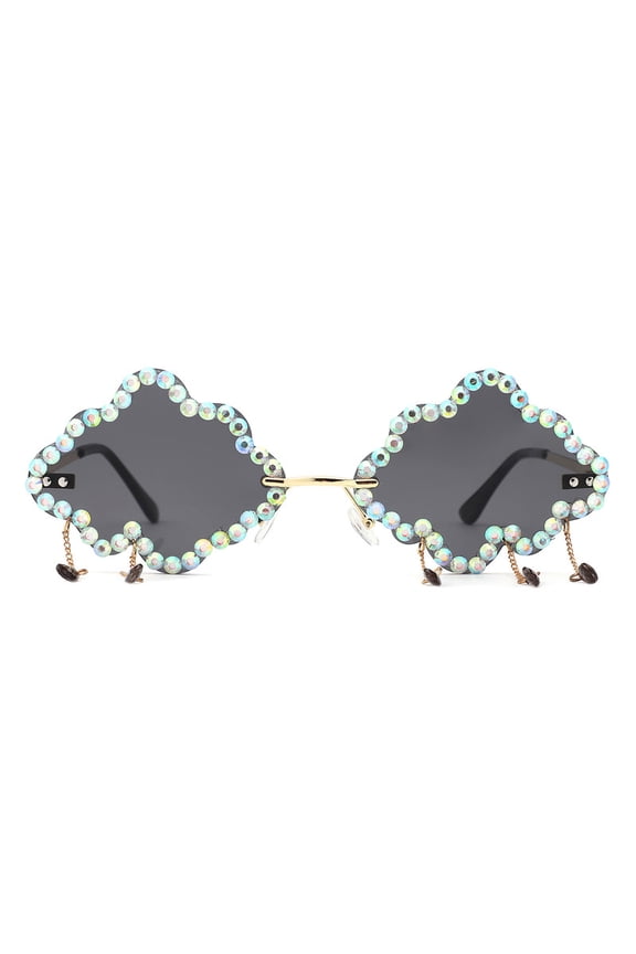 Cloud Shaped Sunglasses AB Rhinestones & 5 Hanging Jewels Adorned UV400 Black