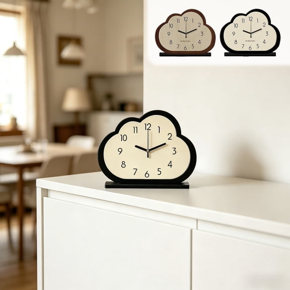 Cloud Shaped Wooden Desk Clock Silent Non Ticking Quartz Minimal Table Clock • Freestanding Decorative Desk Shelf Timepiece for Bedroom Office Home Decor