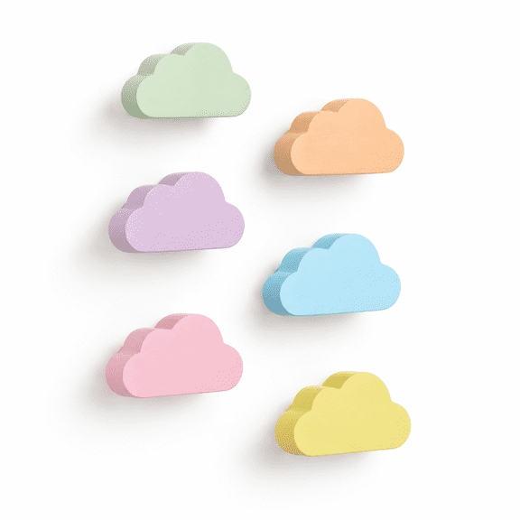 Cloud Shaped Wooden Wall Mounted Coat Hooks, Set of 6 Pastel Rainbow Colors