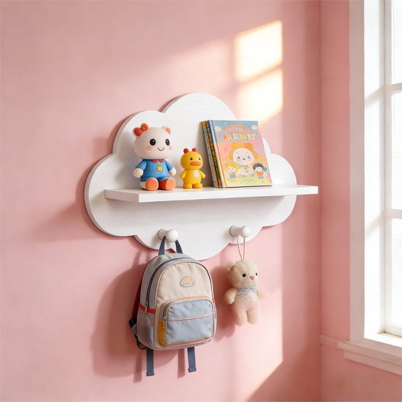 Cloud Shelves Wall Mount Storage Rack for Nursery with Hanging Coat Organizer and Wooden Shelf -Purpose Wall Shelf Display Unit for Living Room and Bedroom