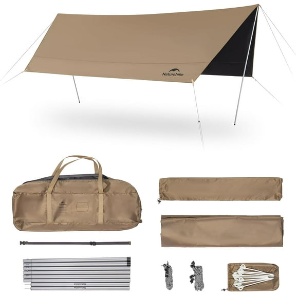 Cloud Skies Camping Tent Tarp with Poles, Waterproof PU 18000mm+ Rain Shelter, Anti-UV UPF2000+ Sun Shelter Canopy
