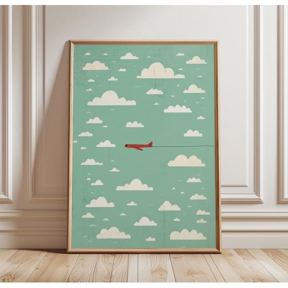 Cloud Sky Minimal Airplane Wall Art Soft Blue Nursery Decor Unframed Paper Print
