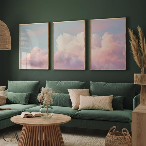 Cloud Sky Pastel Poster Print Golden Hour Rustic Country Landscape Painting Triptych Wall Art Giclee Set 3, Poster Only