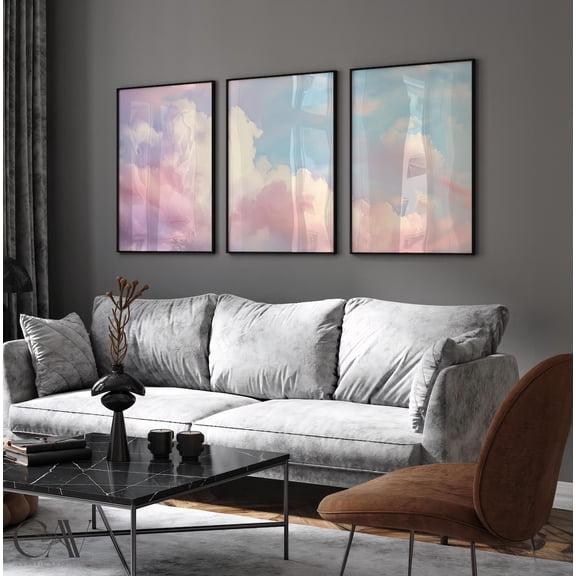 Cloud Sky Pastel Poster Print Golden Hour Rustic Country Landscape Painting Triptych Wall Art Giclee Set 3