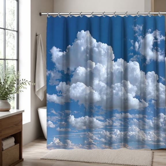 Cloud Sky Shower Curtain, Blue Sky with White Fluffy Clouds Bathroom Curtain, Dreamy Nature Landscape Shower Decor, Modern Minimalist Waterproof Fabric Curtain, 70.87 x 70.87 Inch