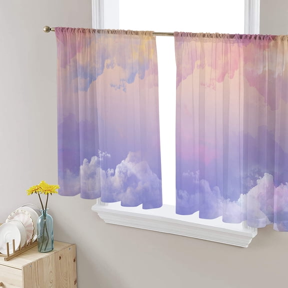 Cloud in the Sky Sunset Semi Sheer Curtains 45 Inch Length 2 Panels Set, Mountain Nature Sheer Kitchen Curtain Privacy Voile Window Curtain for Living Room Bedroom Rod Pocket Drapes