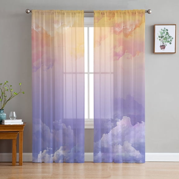 Cloud in the Sky Sunset Semi Sheer Curtains 72 Inch Length 2 Panels Set, Mountain Nature Sheer Kitchen Curtain Privacy Voile Window Curtain for Living Room Bedroom Rod Pocket Drapes