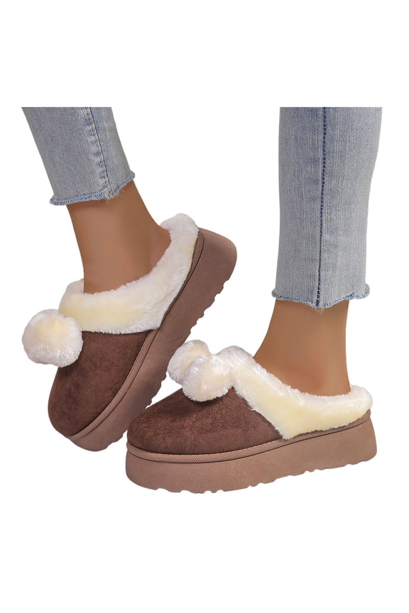 Cloud Slippers for Women 2025 Winter Warm Fuzzy Platform House Shoes Pompom Fleece Lined Plush Bedroom Slides Fashion Casual Cozy Indoor and Outdoor Slip on Brown Size 7