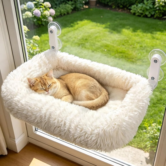Cloud-Snuggle Cat Window Perch with 4-Sided Ultra-Thick & Fluffy Plush Cushion Bed, Foldable Cordless Cat Window Hammock for Window with Sturdy Metal Frame for Large Cats and Kittens (M,White)