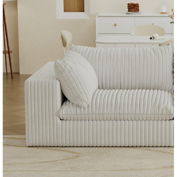 Cloud Sofa: Luxurious Feather-Filled 1-Seat Corduroy Couch, Deep Seat, Double-Layer, Removable Cushion, No Assembly DIY, Pure Sponge Support, White, for Living Room/Bedroom/Apartment