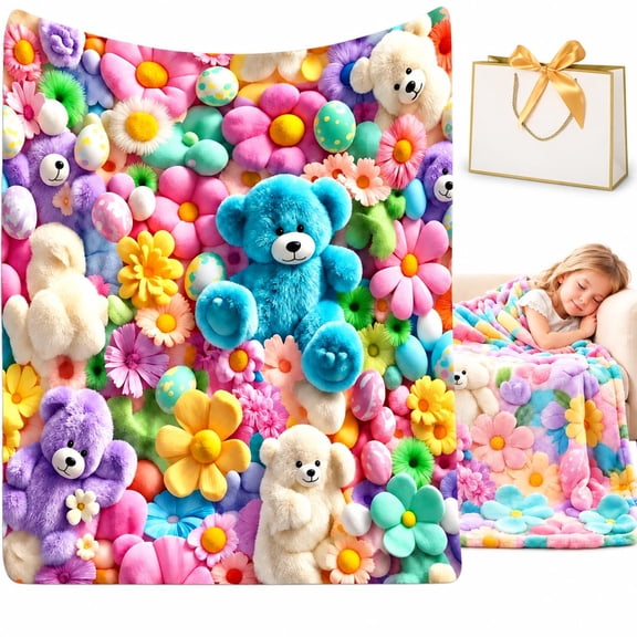 Cloud Soft 3D Plush Throw Blanket, 2027 New Cozy Teddy Bear Blanket, Teddy Pastel Floral Print Blanket