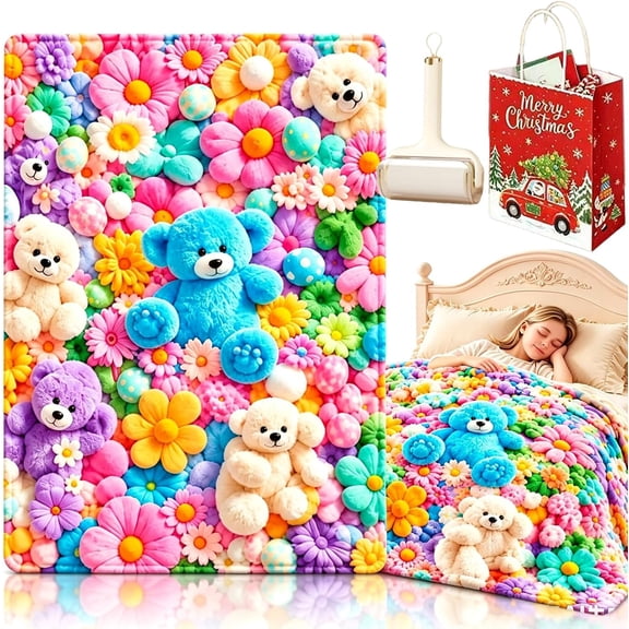 Cloud Soft 3D Plush Throw Blanket, 2027 New Cozy Teddy Bear Blanket, Teddy Pastel Floral Print Blanket
