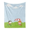 thumbnail image 1 of Cloud Soft Flannel Fleece Blanket, Boy Running to Little Girl with an Umbrella in the Rain Cartoon Style Weather Scene, Cozy Plush for Indoor and Outdoor Use, 70" x 90", Multicolor, by Ambesonne, 1 of 5