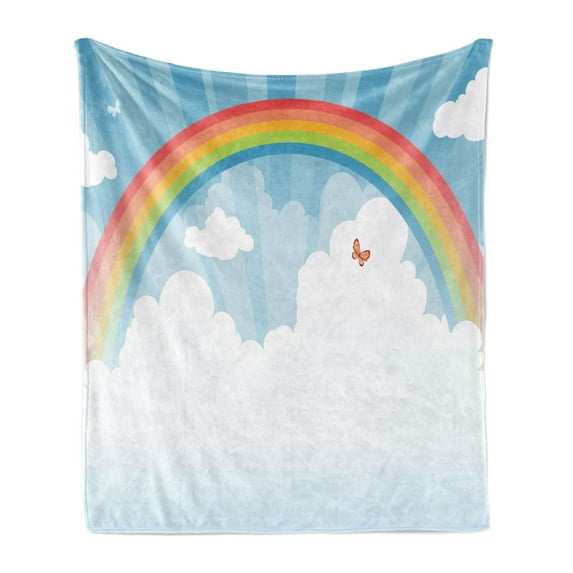Cloud Soft Flannel Fleece Throw Blanket, Colorful Rainbow Arc in the Sky with a Butterfly on Starburst Stripes Background, Cozy Plush for Indoor and Outdoor Use, 70" x 90", Multicolor, by Ambesonne