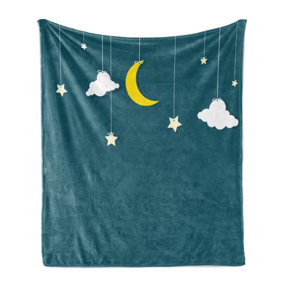 Cloud Soft Flannel Fleece Throw Blanket, Night Sky Illustration with Crescent Moon Stars Hanging on Threads, Cozy Plush for Indoor and Outdoor Use, 50" x 70", Teal Yellow, by Ambesonne