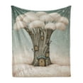 thumbnail image 1 of Cloud Soft Flannel Fleece Throw Blanket, Tree in the Sky with a Winter Welcome Sign House, Cozy Plush for Indoor and Outdoor Use, 60" x 80", Sage Green Peach, by Ambesonne, 1 of 5