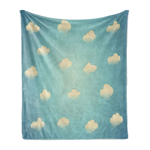 Cloud Soft Flannel Fleece Throw Blanket, Vintage Cloud Cumulus Pattern Weather Worn out Old Looking Illustration, Cozy Plush for Indoor and Outdoor Use, 70" x 90", Ivory and Pale Blue, by Ambesonne