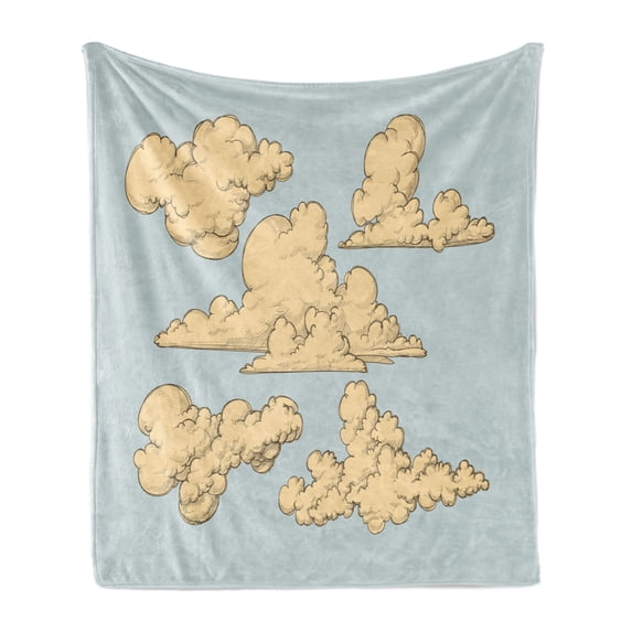 Cloud Soft Flannel Fleece Throw Blanket, Vintage Style Hand-Drawn Clouds in the Open Sky Image Repeating Pattern, Cozy Plush for Indoor and Outdoor Use, 70" x 90", Beige and Blue Grey, by Ambesonne